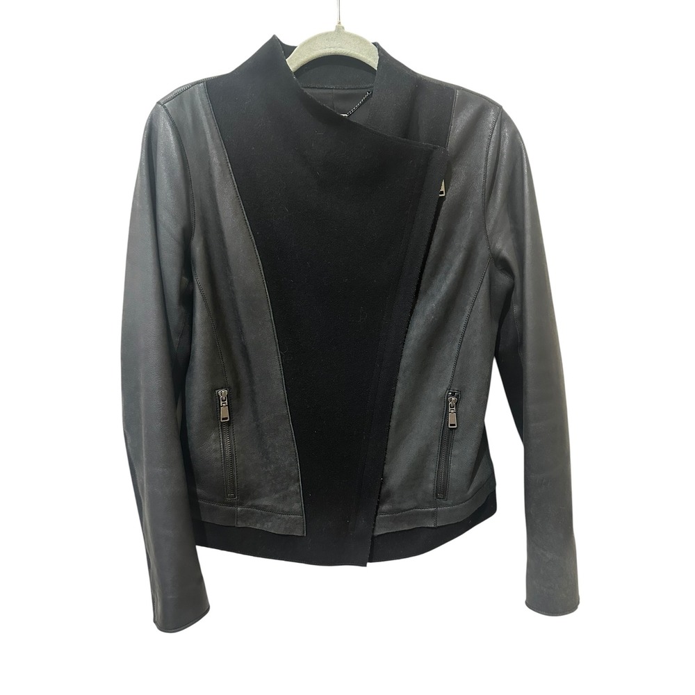 Elie Tahari Womens Black Leather Wool Mixed Media Asymmetrical Zip Jacket Small